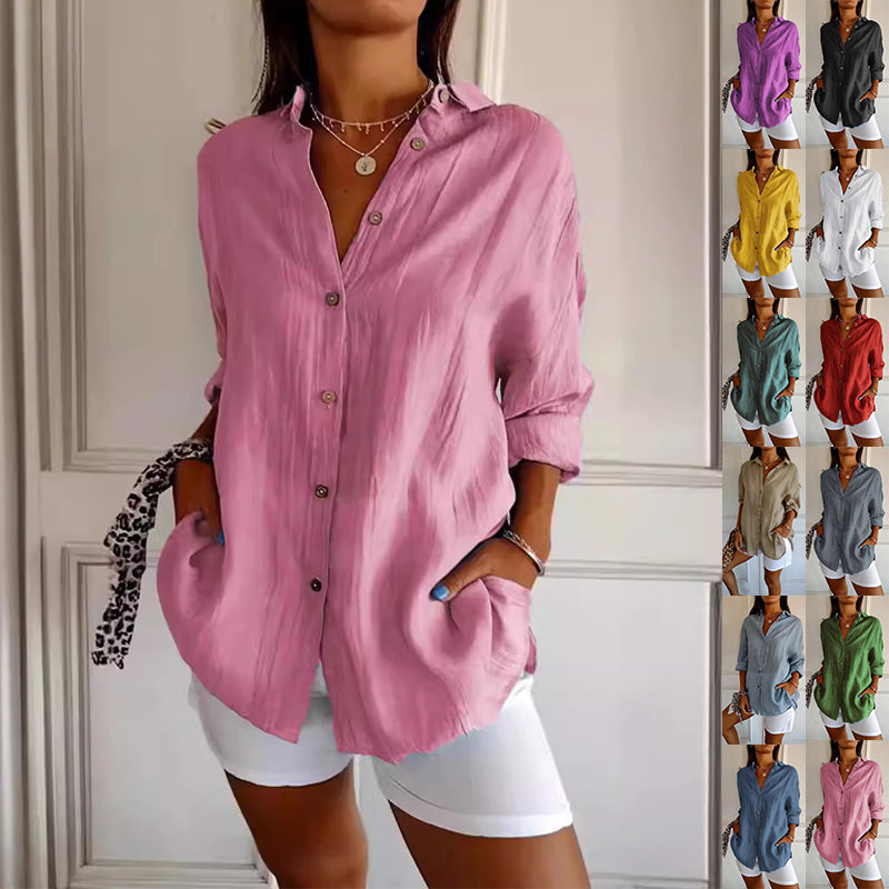 Lapel Long Sleeve Shirt Women's Single-breasted Pleated Shirt Tops Clothing